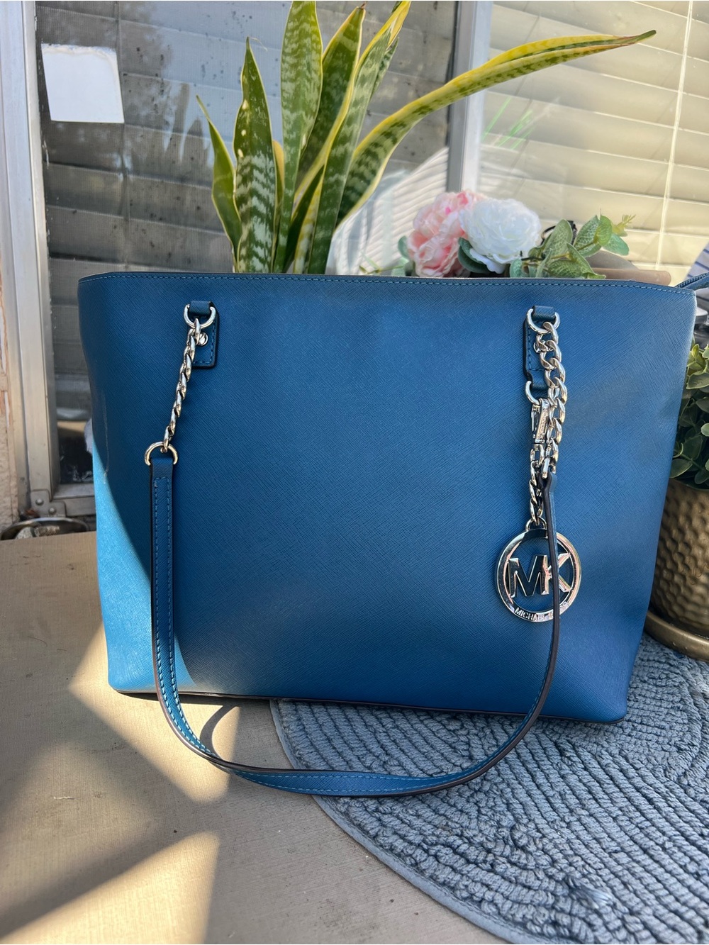 Michael Kors Teal Saffiano Leather Tote with Silver Chain Charm